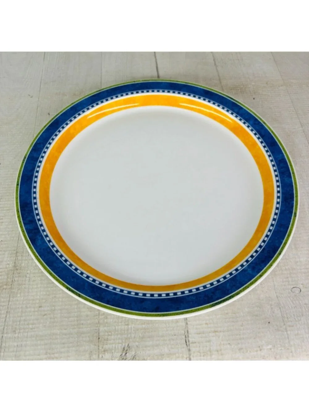 Dansk Bistro KOBENHAVN Blue Yellow Band Smooth Green Trim Dinner Plates Set of 4